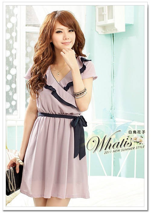 5186 韩版上质柔软荷叶绑带拼色洋装（紫色.jpg